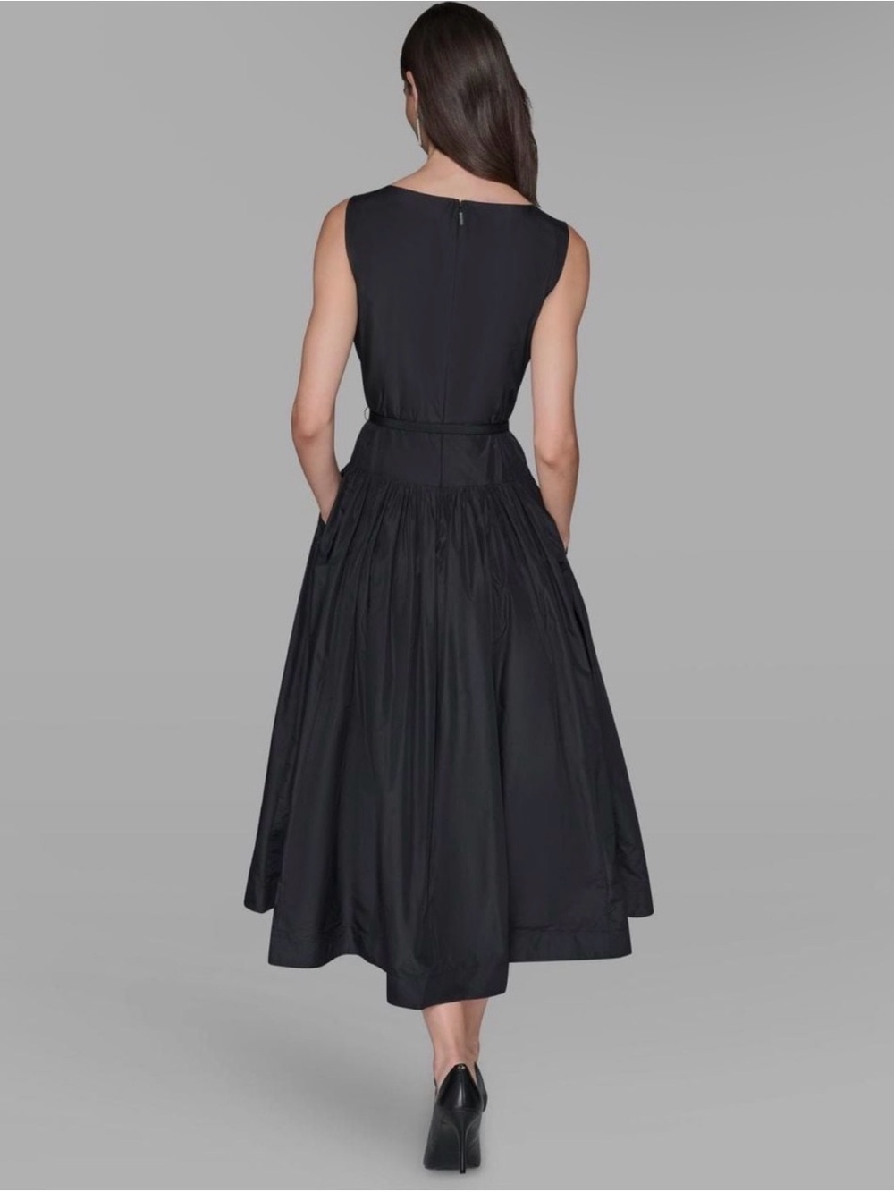 Karl Lagerfeld Taffeta Drop Waist Ball Gown Sleeveless Black Midi Dress Size 10 - Picture 3 of 15